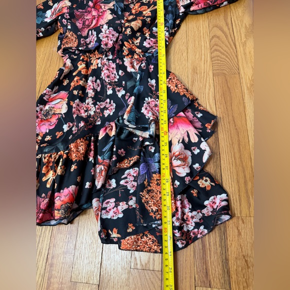 Torn Boston Proper Floral Wrap Mini Dress in Black with Pink & Orange Blooms XS - Picture 10 of 14